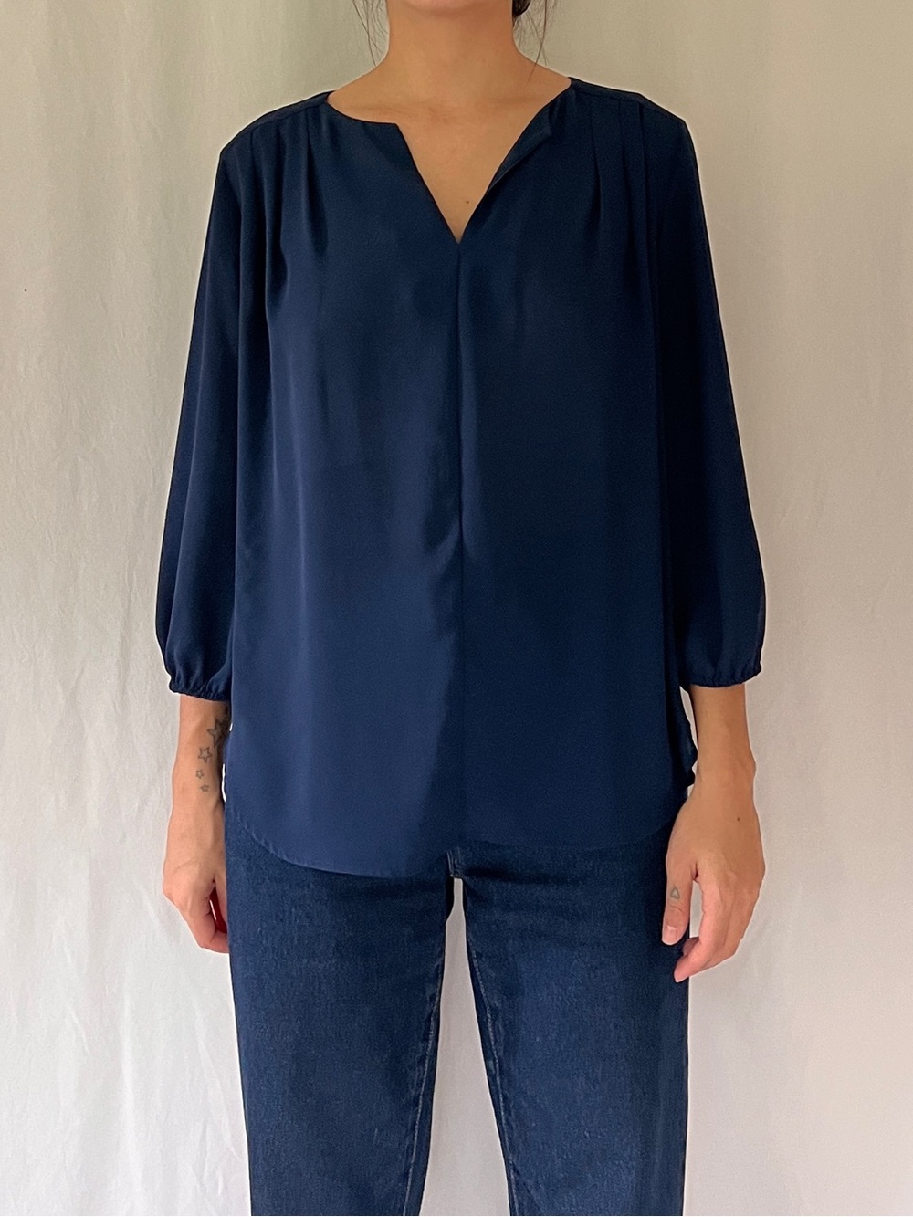 Pleione Navy Split-Neck Blouse
